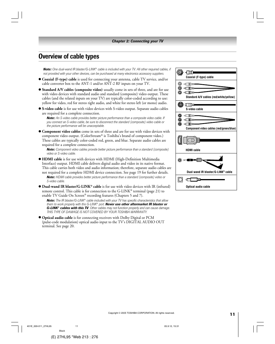 Overview of cable types | Toshiba 27HL95 User Manual | Page 11 / 92