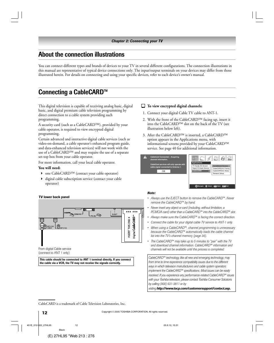 About the connection illustrations, Connecting a cablecard | Toshiba 27HL95 User Manual | Page 12 / 92