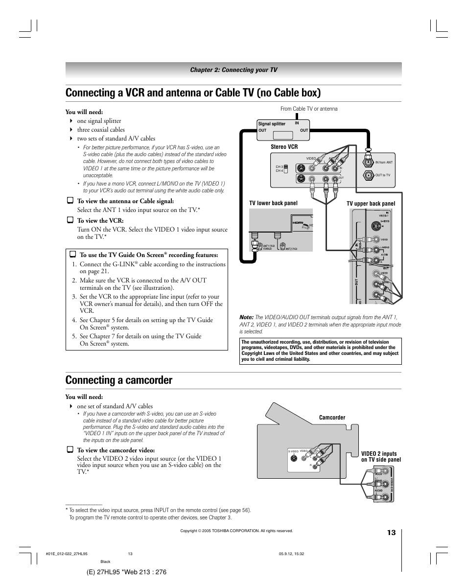 Connecting a camcorder | Toshiba 27HL95 User Manual | Page 13 / 92
