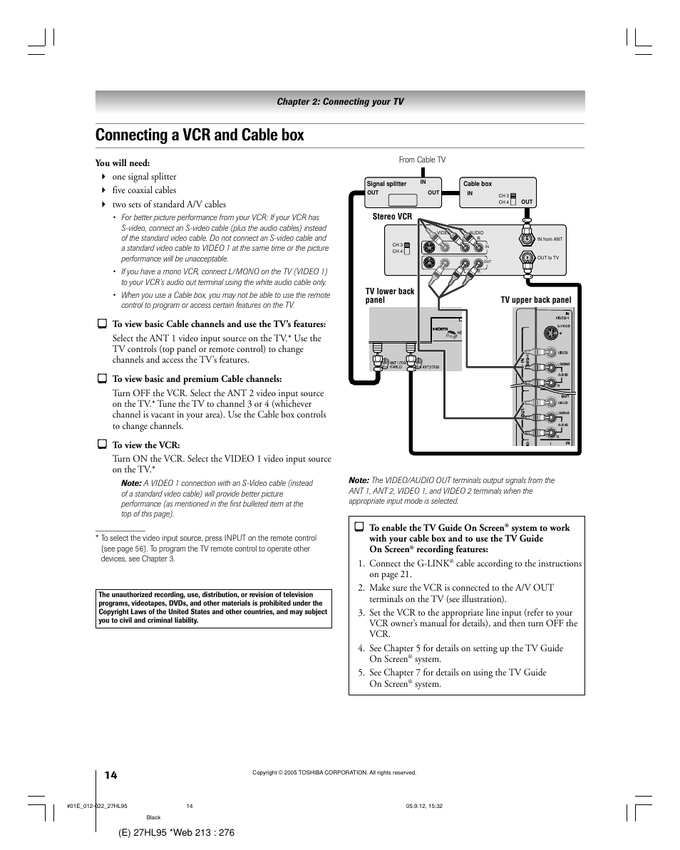 Connecting a vcr and cable box | Toshiba 27HL95 User Manual | Page 14 / 92