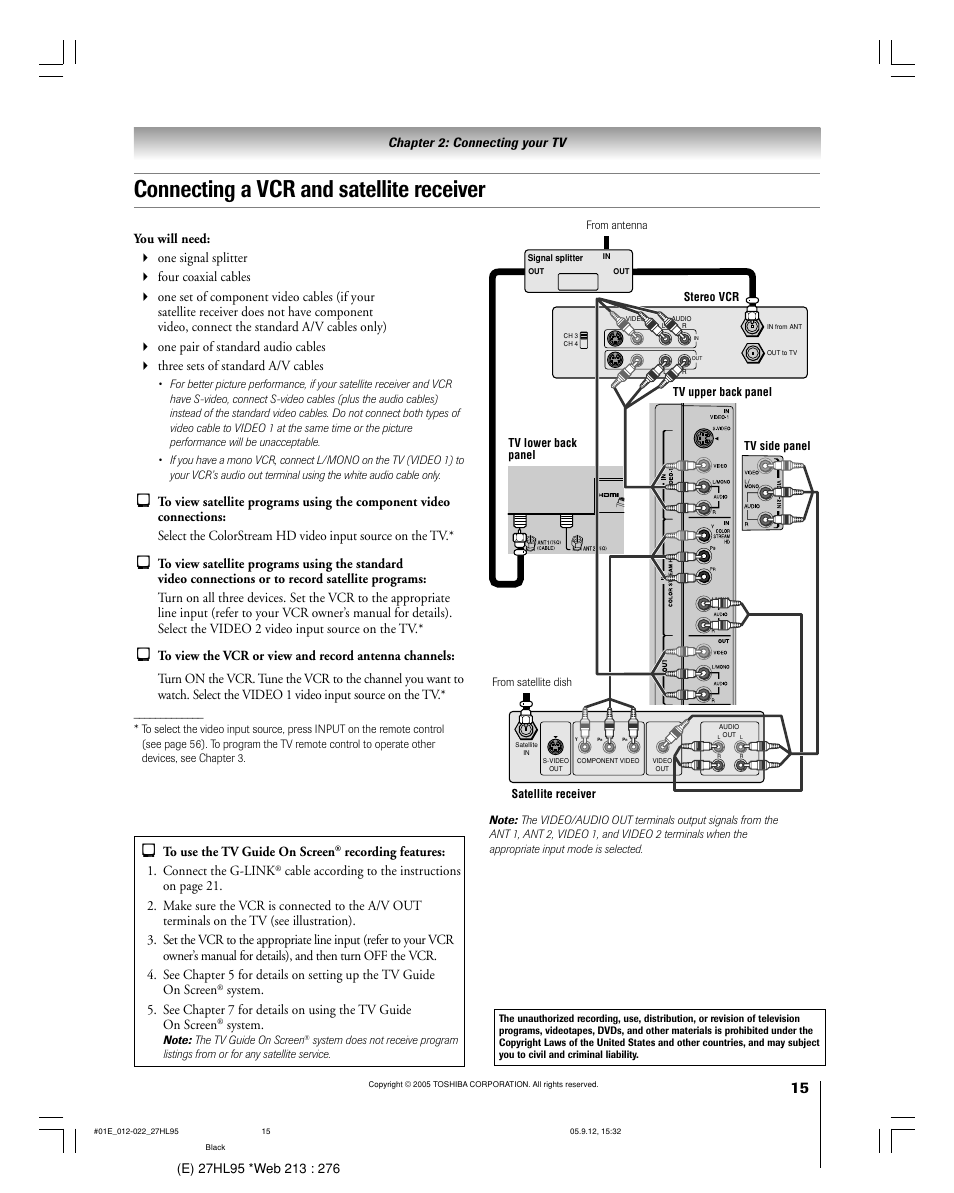 Connecting a vcr and satellite receiver, Chapter 2: connecting your tv, Recording features: 1. connect the g-link | System | Toshiba 27HL95 User Manual | Page 15 / 92