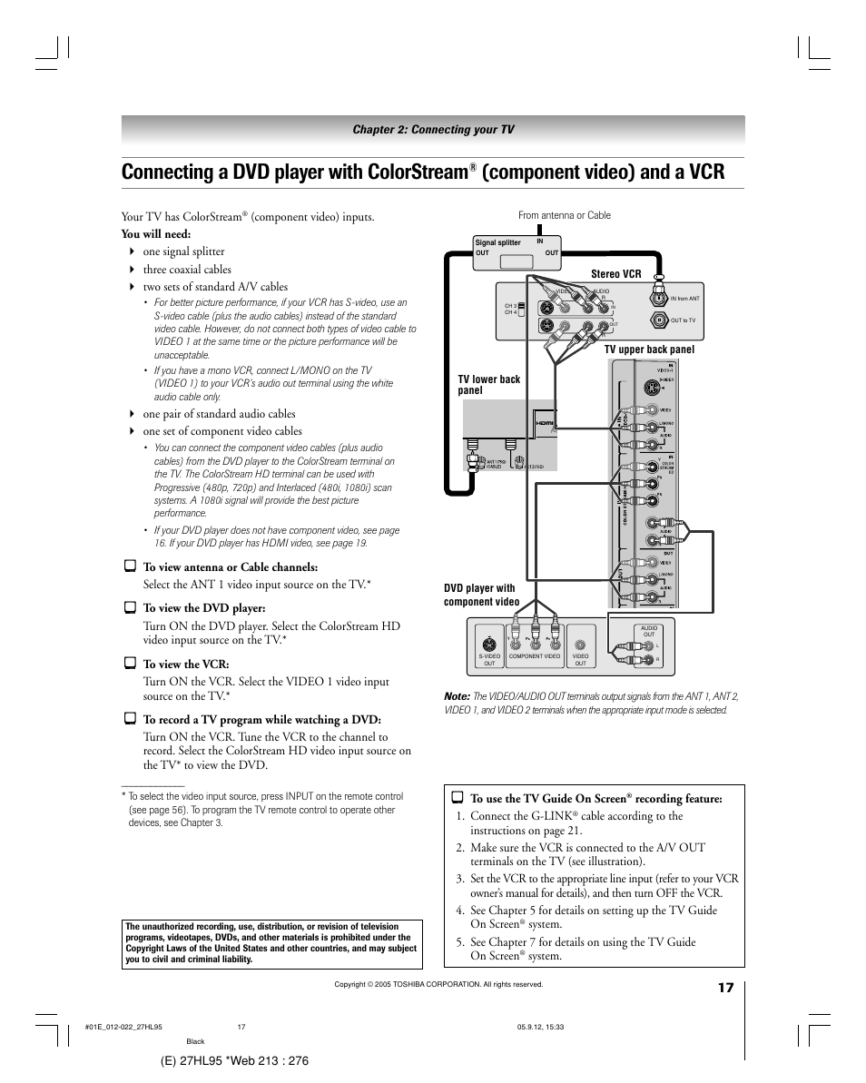 Connecting a dvd player with colorstream, Component video) and a vcr, Chapter 2: connecting your tv | Your tv has colorstream, Recording feature: 1. connect the g-link, System | Toshiba 27HL95 User Manual | Page 17 / 92
