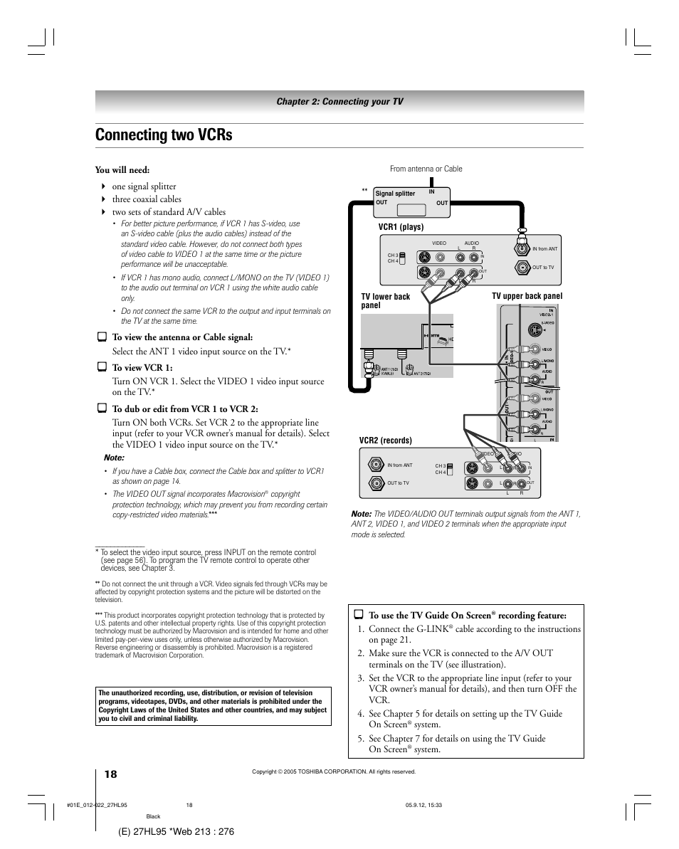 Connecting two vcrs | Toshiba 27HL95 User Manual | Page 18 / 92
