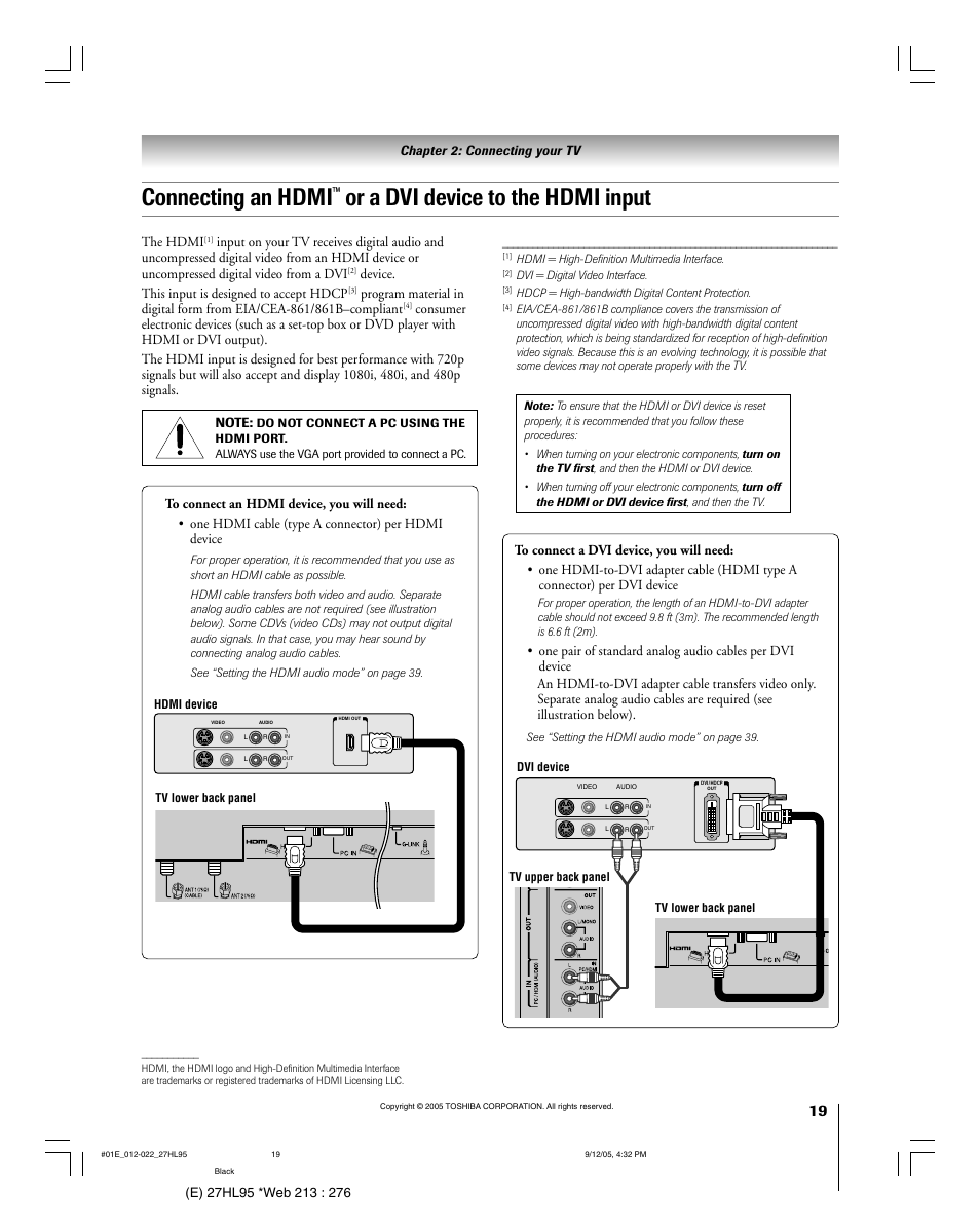 Connecting an hdmi, Or a dvi device to the hdmi input | Toshiba 27HL95 User Manual | Page 19 / 92