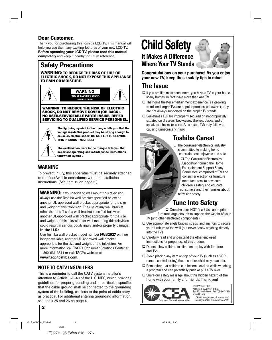 Child safety, Safety precautions, It makes a difference where your tv stands | The issue, Toshiba cares, Tune into safety, Warning | Toshiba 27HL95 User Manual | Page 2 / 92