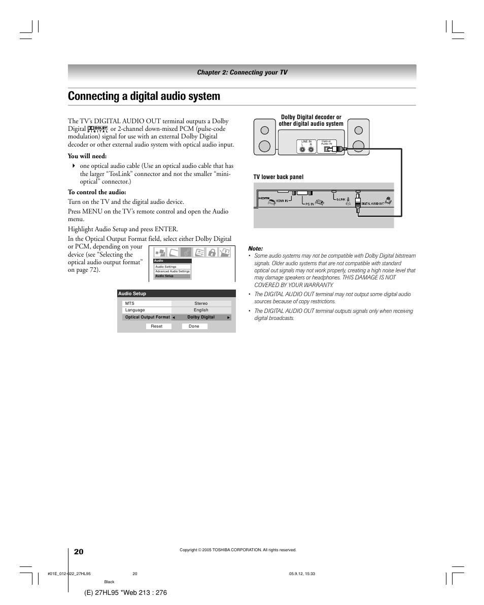 Connecting a digital audio system, Chapter 2: connecting your tv | Toshiba 27HL95 User Manual | Page 20 / 92