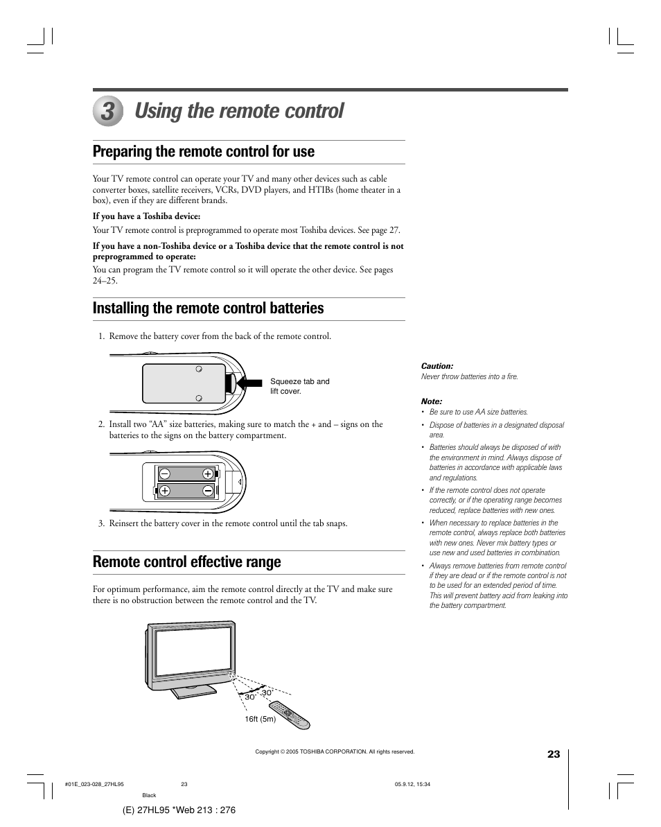 Using the remote control, Preparing the remote control for use, Installing the remote control batteries | Remote control effective range | Toshiba 27HL95 User Manual | Page 23 / 92