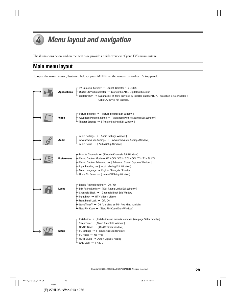 Menu layout and navigation, Main menu layout | Toshiba 27HL95 User Manual | Page 29 / 92