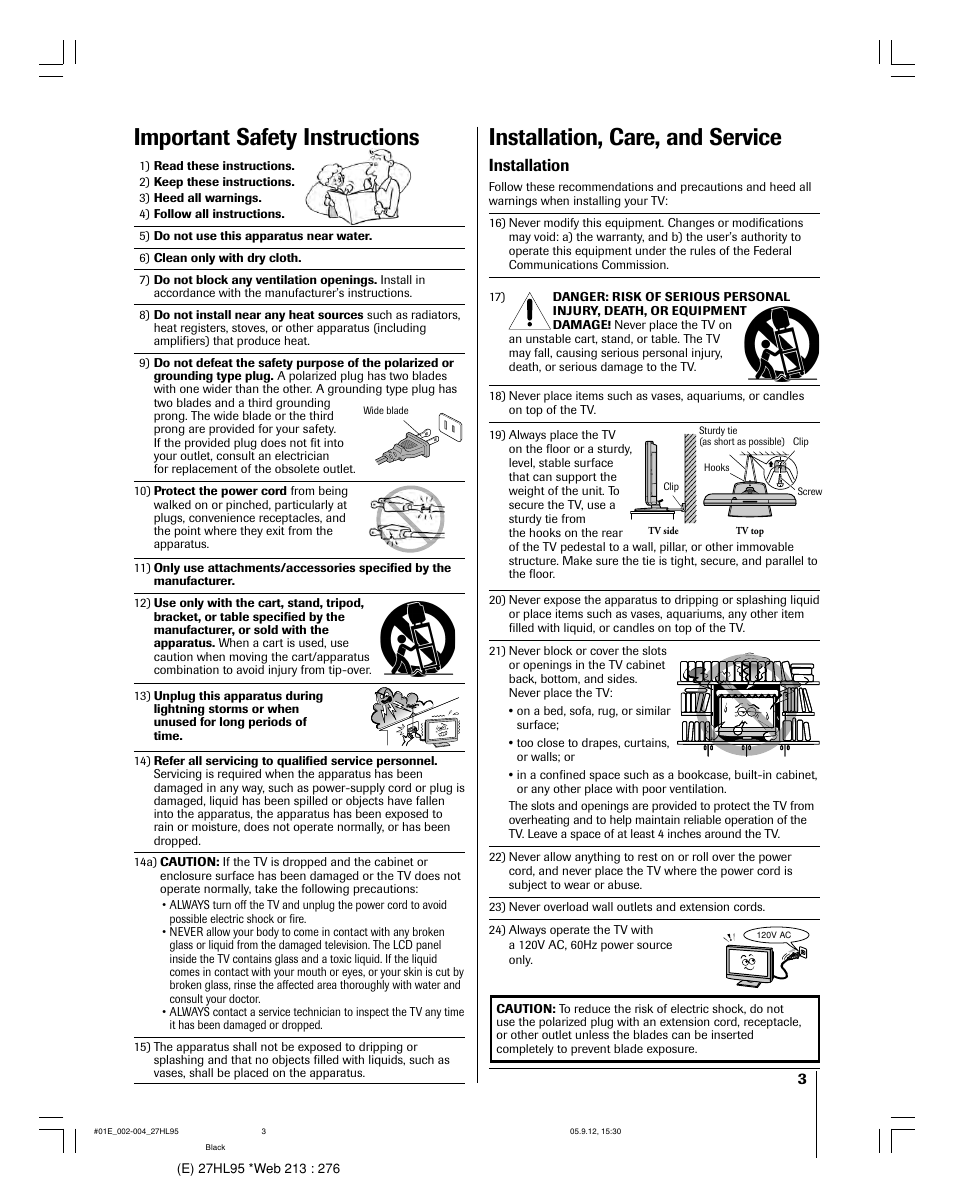 Important safety instructions, Installation, care, and service, Installation | Toshiba 27HL95 User Manual | Page 3 / 92