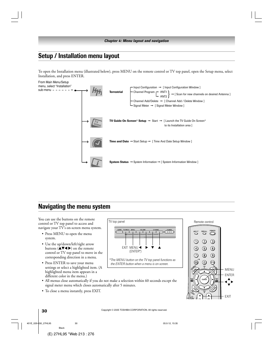 Navigating the menu system, Setup / installation menu layout | Toshiba 27HL95 User Manual | Page 30 / 92