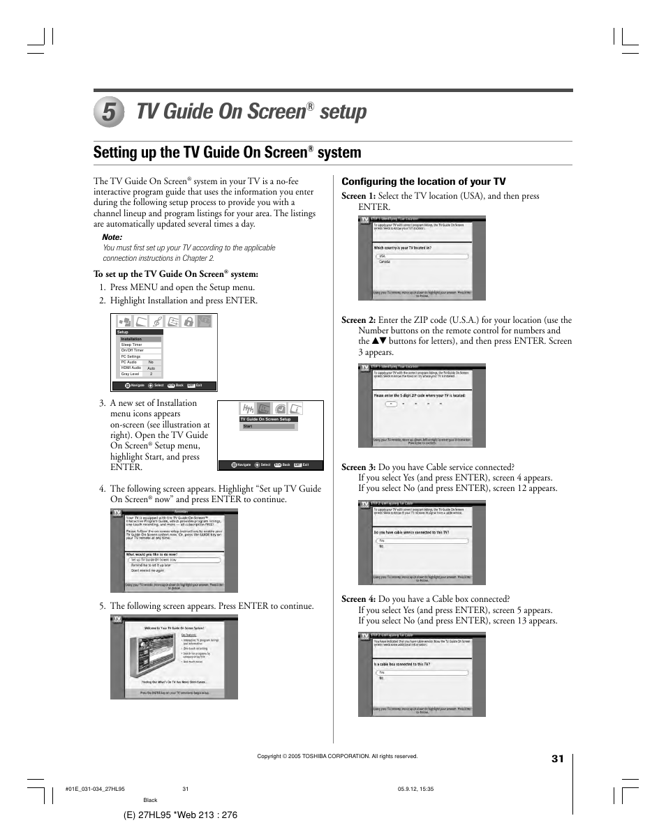 Tv guide on screen, Setup, Setting up the tv guide on screen | System, Configuring the location of your tv | Toshiba 27HL95 User Manual | Page 31 / 92