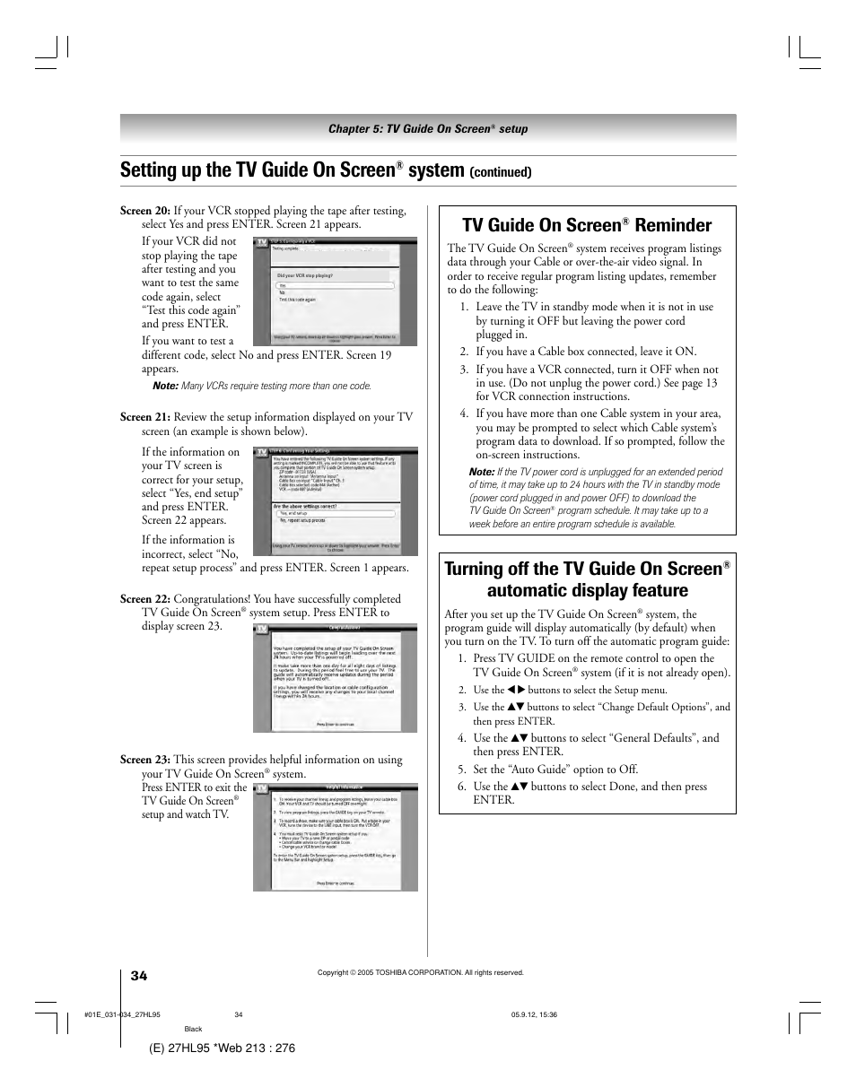 Setting up the tv guide on screen, System, Tv guide on screen | Reminder, Turning off the tv guide on screen, Automatic display feature | Toshiba 27HL95 User Manual | Page 34 / 92