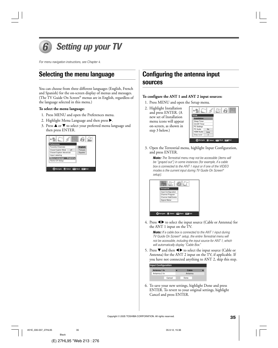 Setting up your tv, Selecting the menu language, Configuring the antenna input sources | Toshiba 27HL95 User Manual | Page 35 / 92