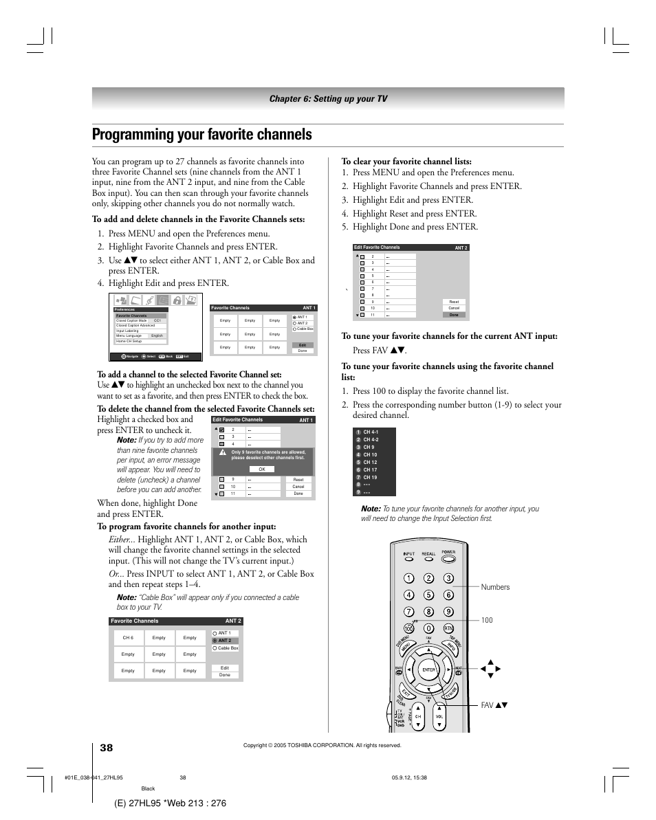 Programming your favorite channels, Fav yz y x • z 100 numbers | Toshiba 27HL95 User Manual | Page 38 / 92