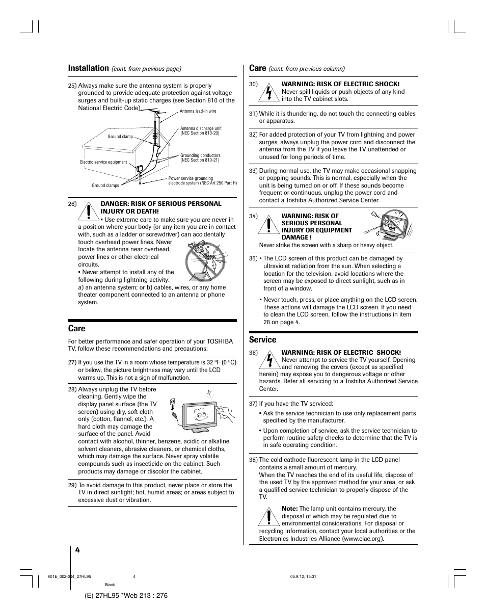 Care, Service, Installation | Toshiba 27HL95 User Manual | Page 4 / 92