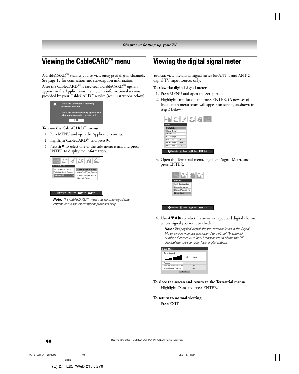 Viewing the digital signal meter, Viewing the cablecard™ menu, A cablecard | Is inserted, a cablecard, Service (see illustrations below), Chapter 6: setting up your tv | Toshiba 27HL95 User Manual | Page 40 / 92