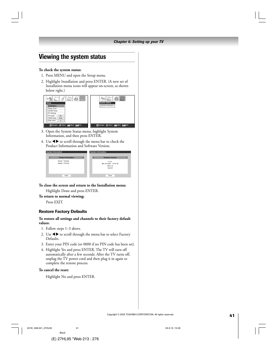 Viewing the system status, Restore factory defaults | Toshiba 27HL95 User Manual | Page 41 / 92