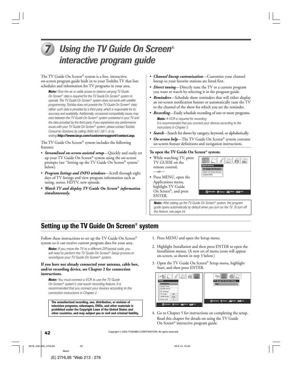 Using the tv guide on screen, Interactive program guide, Setting up the tv guide on screen | System | Toshiba 27HL95 User Manual | Page 42 / 92