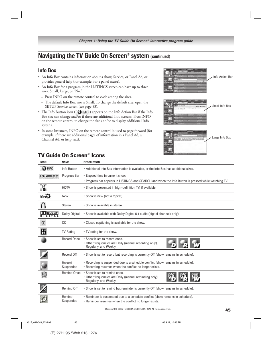 Navigating the tv guide on screen, System, Tv guide on screen | Icons, Info box | Toshiba 27HL95 User Manual | Page 45 / 92