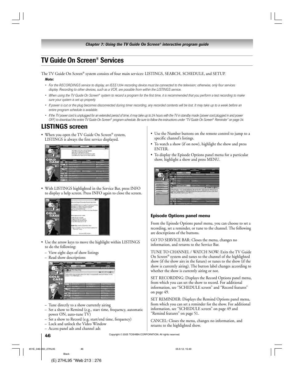 Tv guide on screen, Services, Listings screen | Toshiba 27HL95 User Manual | Page 46 / 92