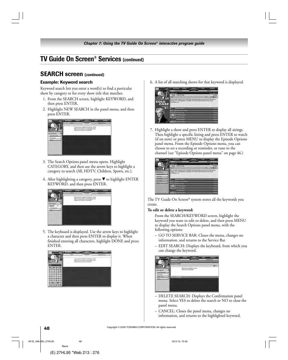 Tv guide on screen, Services, Search screen | Toshiba 27HL95 User Manual | Page 48 / 92