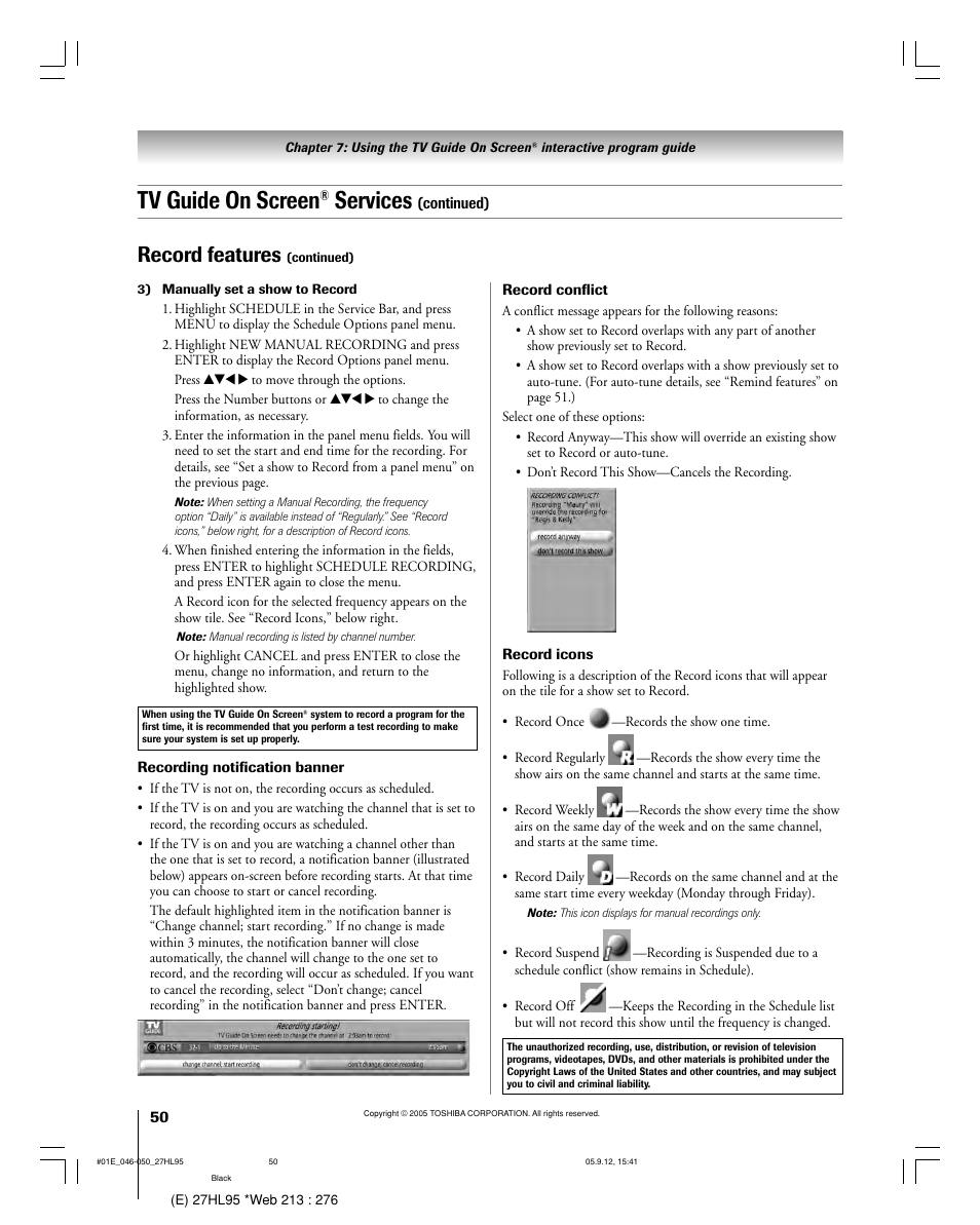 Tv guide on screen, Services, Record features | Toshiba 27HL95 User Manual | Page 50 / 92