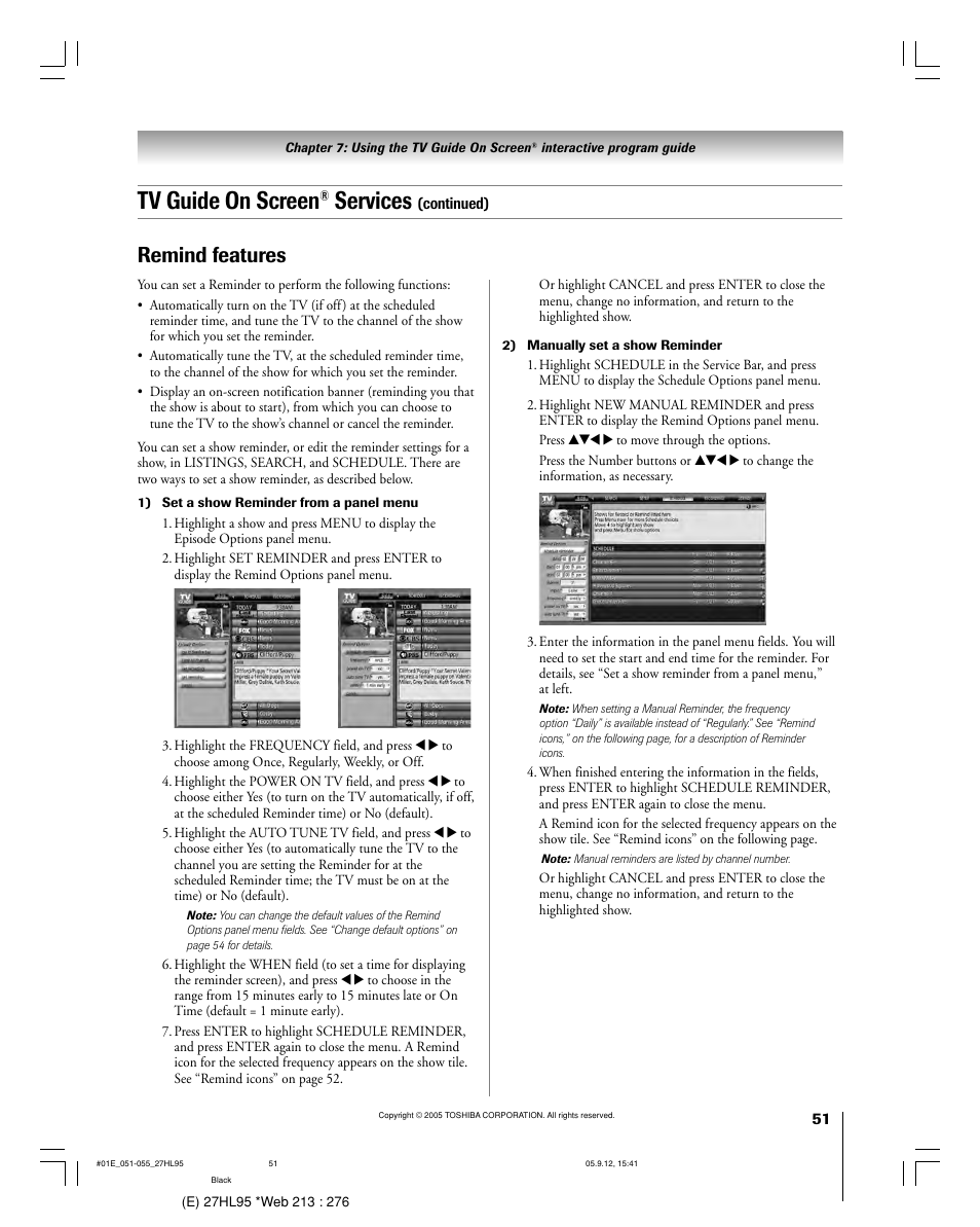 Tv guide on screen, Services, Remind features | Toshiba 27HL95 User Manual | Page 51 / 92