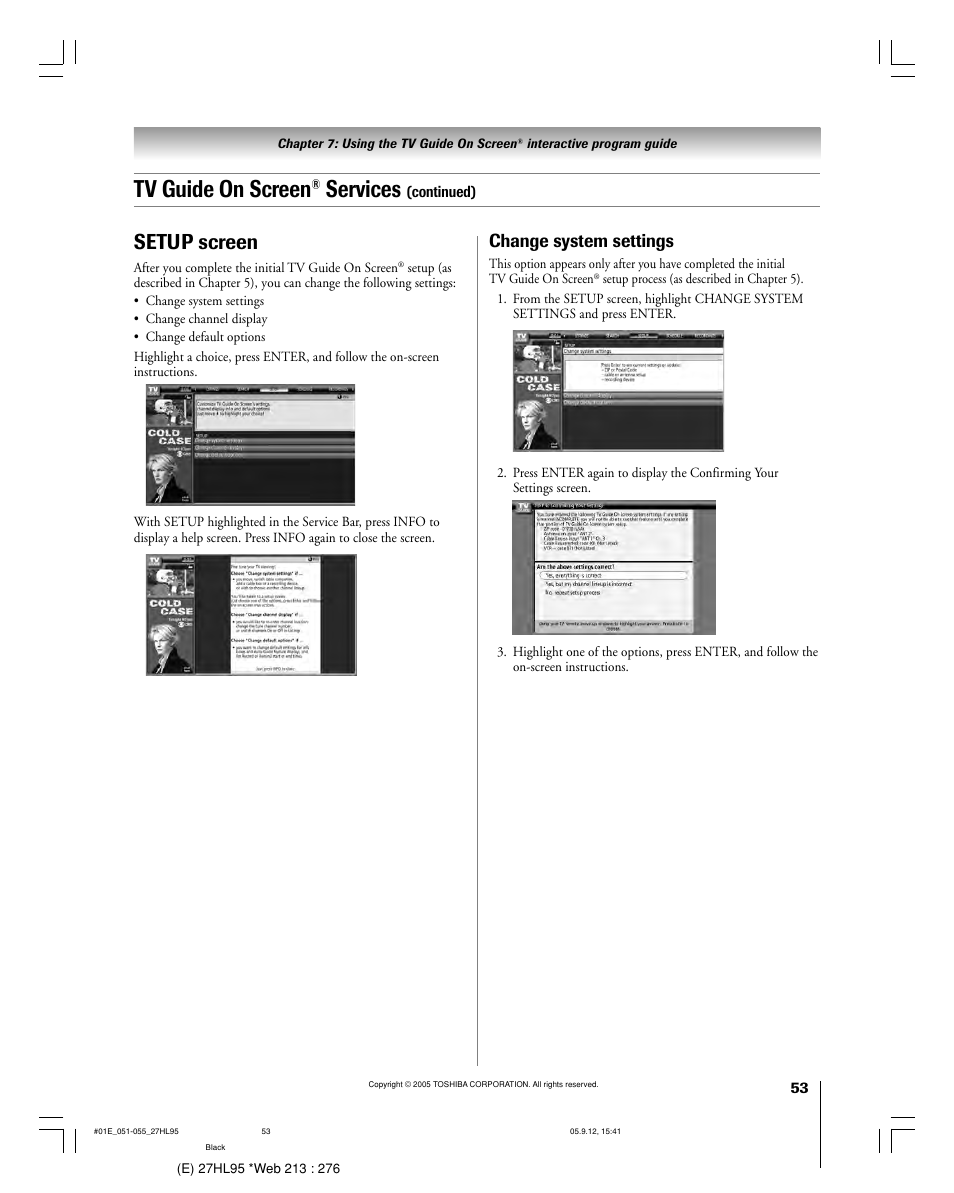 Tv guide on screen, Services, Setup screen | Change system settings | Toshiba 27HL95 User Manual | Page 53 / 92