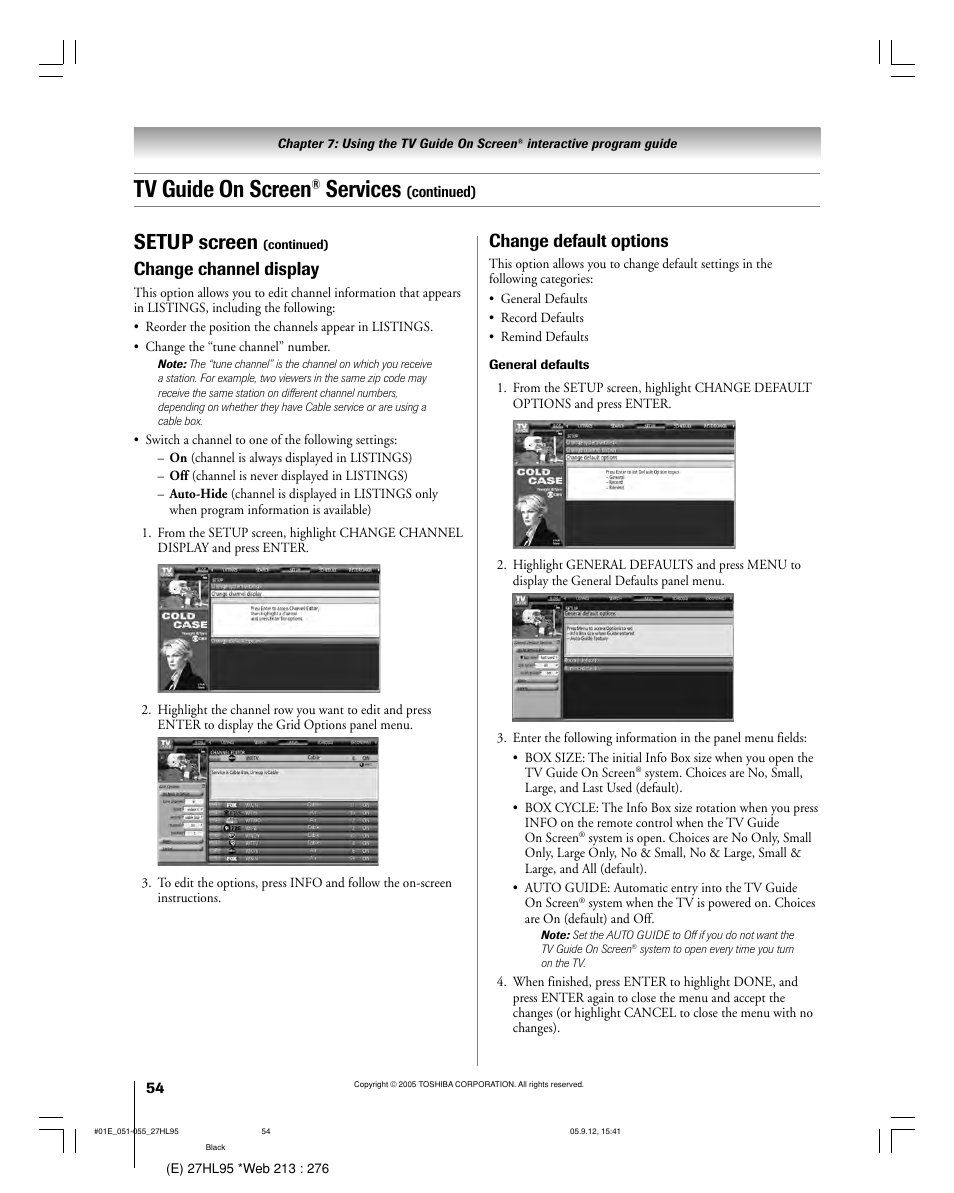 Tv guide on screen, Services, Setup screen | Change default options, Change channel display | Toshiba 27HL95 User Manual | Page 54 / 92