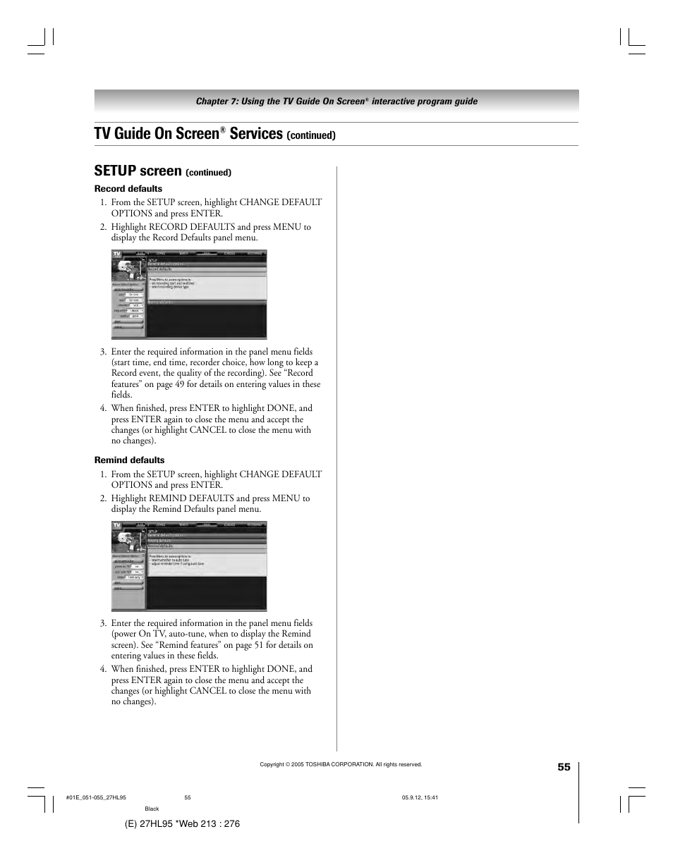 Tv guide on screen, Services, Setup screen | Toshiba 27HL95 User Manual | Page 55 / 92