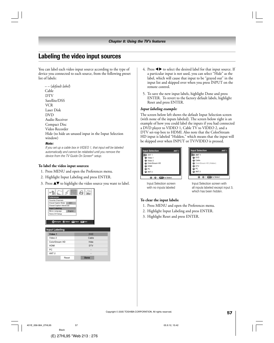 Labeling the video input sources | Toshiba 27HL95 User Manual | Page 57 / 92