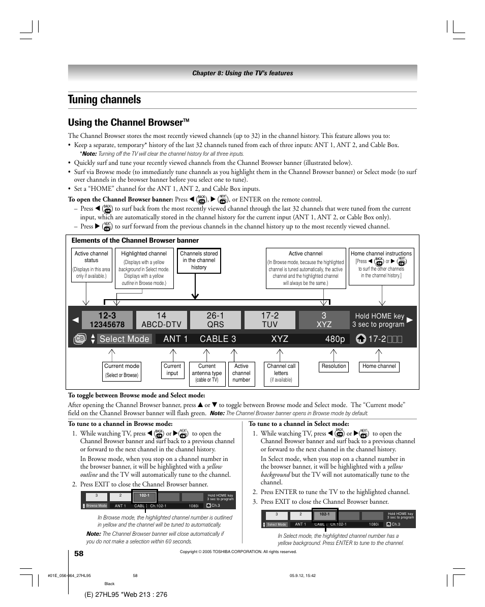 Tuning channels, Using the channel browser, Abcd-dtv | Toshiba 27HL95 User Manual | Page 58 / 92