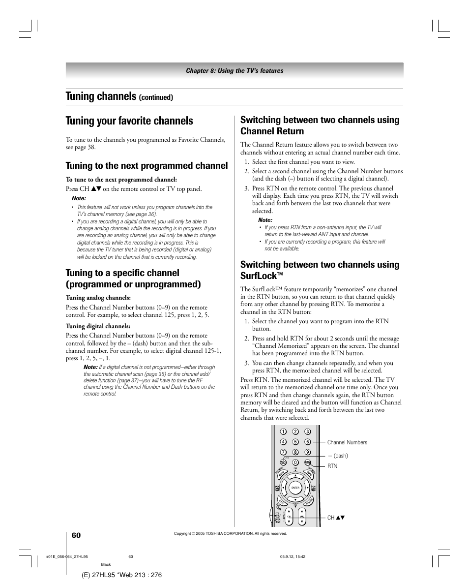 Tuning your favorite channels, Tuning channels, Tuning to the next programmed channel | Switching between two channels using surflock | Toshiba 27HL95 User Manual | Page 60 / 92