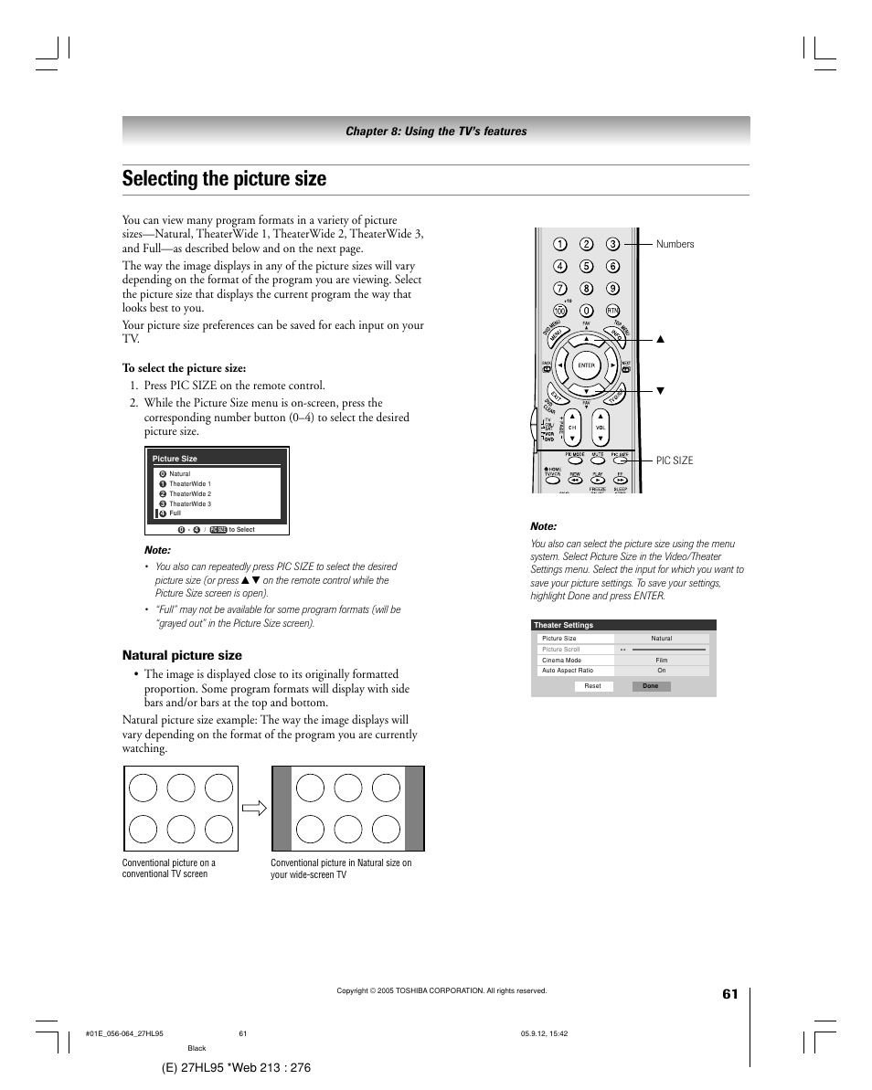 Selecting the picture size, Natural picture size | Toshiba 27HL95 User Manual | Page 61 / 92