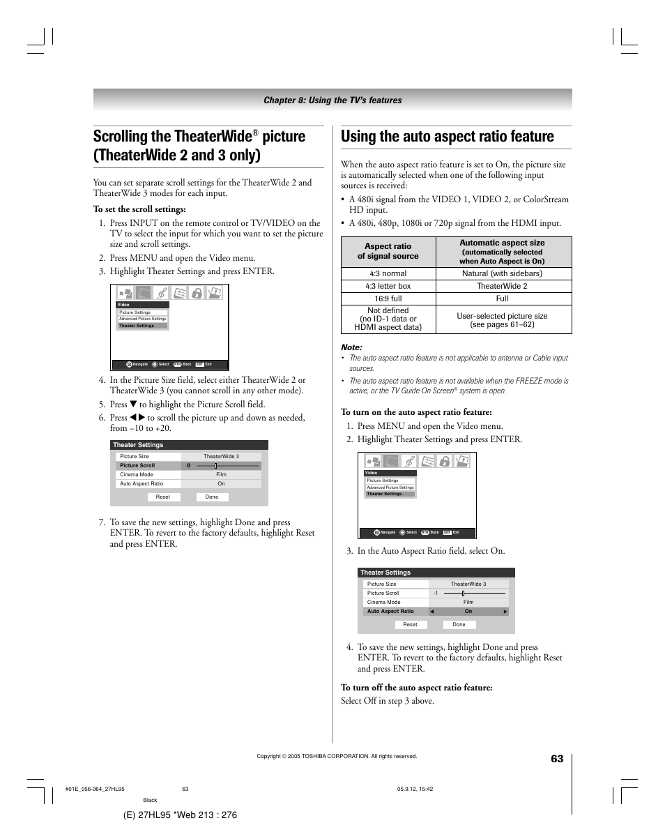 Using the auto aspect ratio feature, Scrolling the theaterwide, Picture (theaterwide 2 and 3 only) | Toshiba 27HL95 User Manual | Page 63 / 92