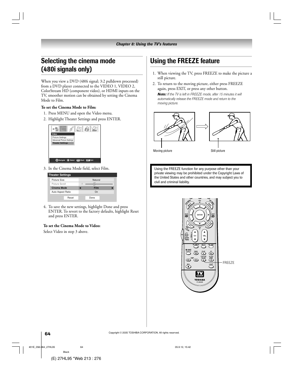 Selecting the cinema mode (480i signals only), Using the freeze feature | Toshiba 27HL95 User Manual | Page 64 / 92