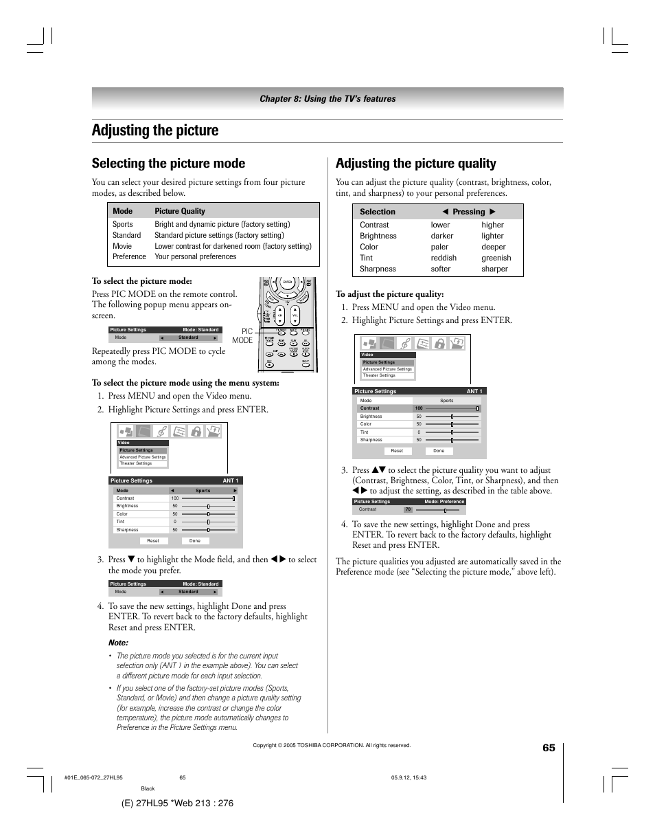 Adjusting the picture, Selecting the picture mode, Adjusting the picture quality | Chapter 8: using the tv’s features | Toshiba 27HL95 User Manual | Page 65 / 92