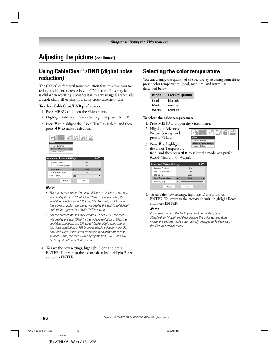 Adjusting the picture, Using cableclear, Dnr (digital noise reduction) | Selecting the color temperature, Continued) | Toshiba 27HL95 User Manual | Page 66 / 92