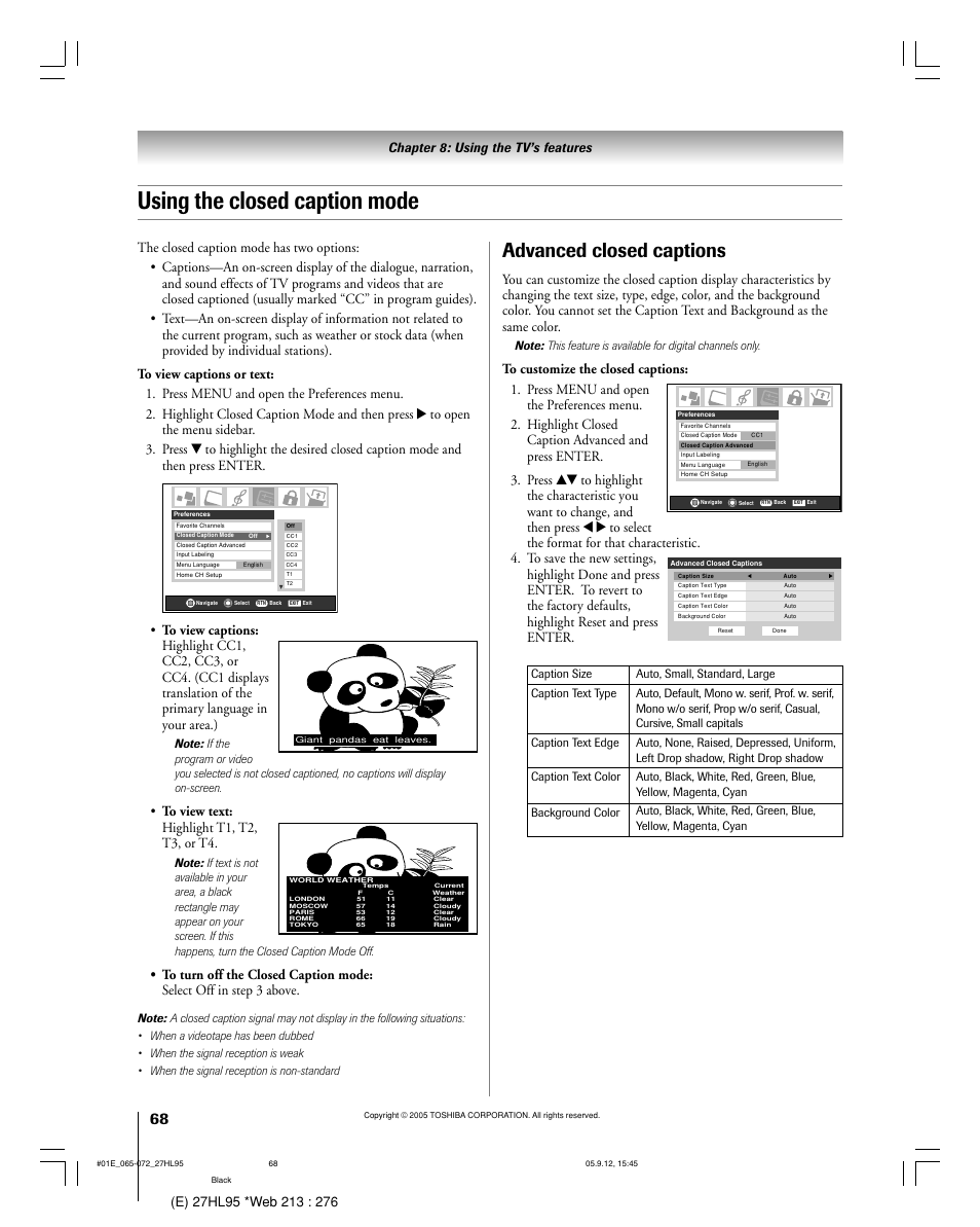 Using the closed caption mode, Advanced closed captions, Chapter 8: using the tv’s features | Toshiba 27HL95 User Manual | Page 68 / 92