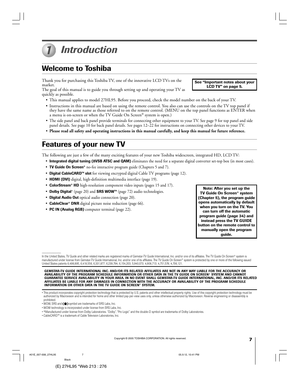 Introduction, Welcome to toshiba features of your new tv | Toshiba 27HL95 User Manual | Page 7 / 92