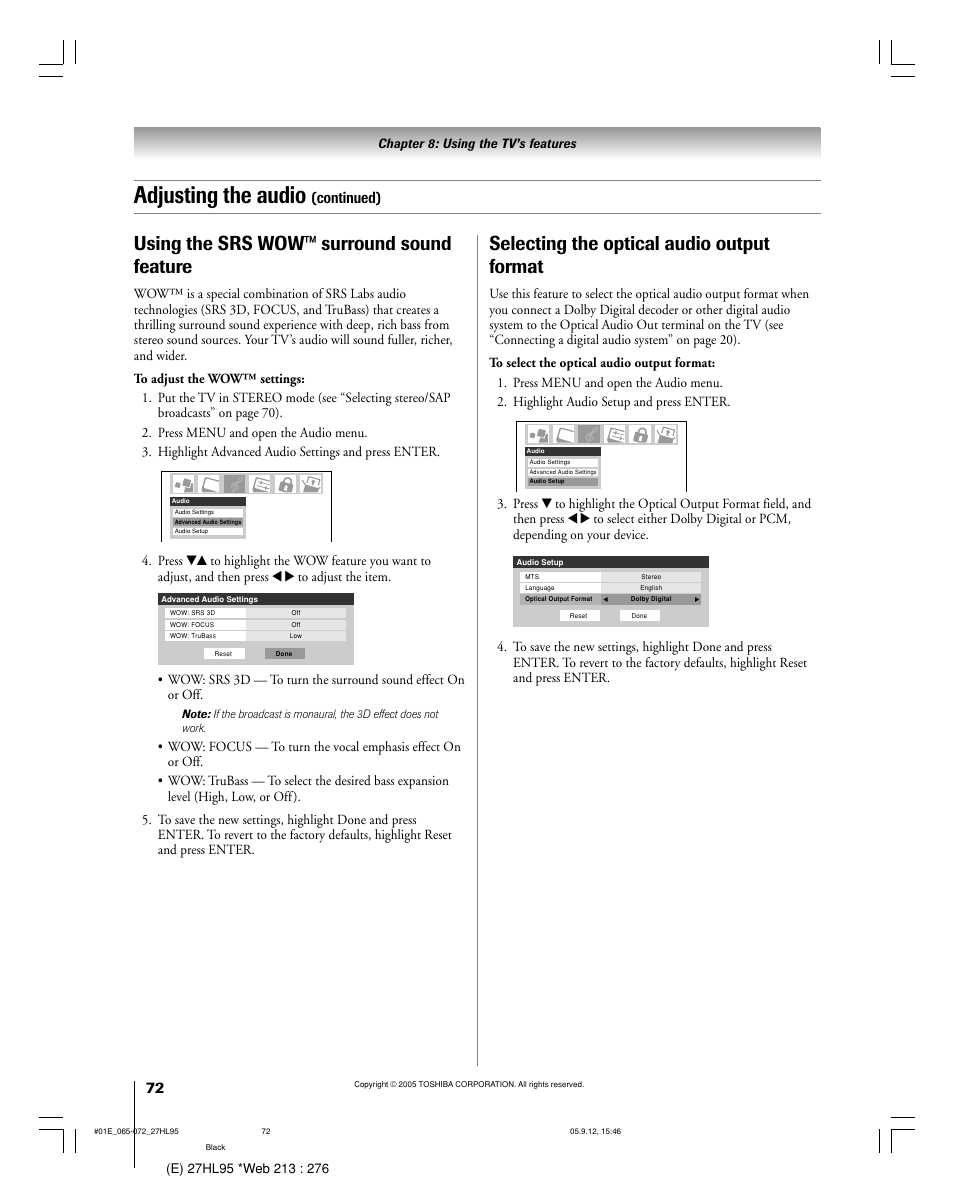 Adjusting the audio, Using the srs wow™ surround sound feature, Selecting the optical audio output format | Continued) | Toshiba 27HL95 User Manual | Page 72 / 92