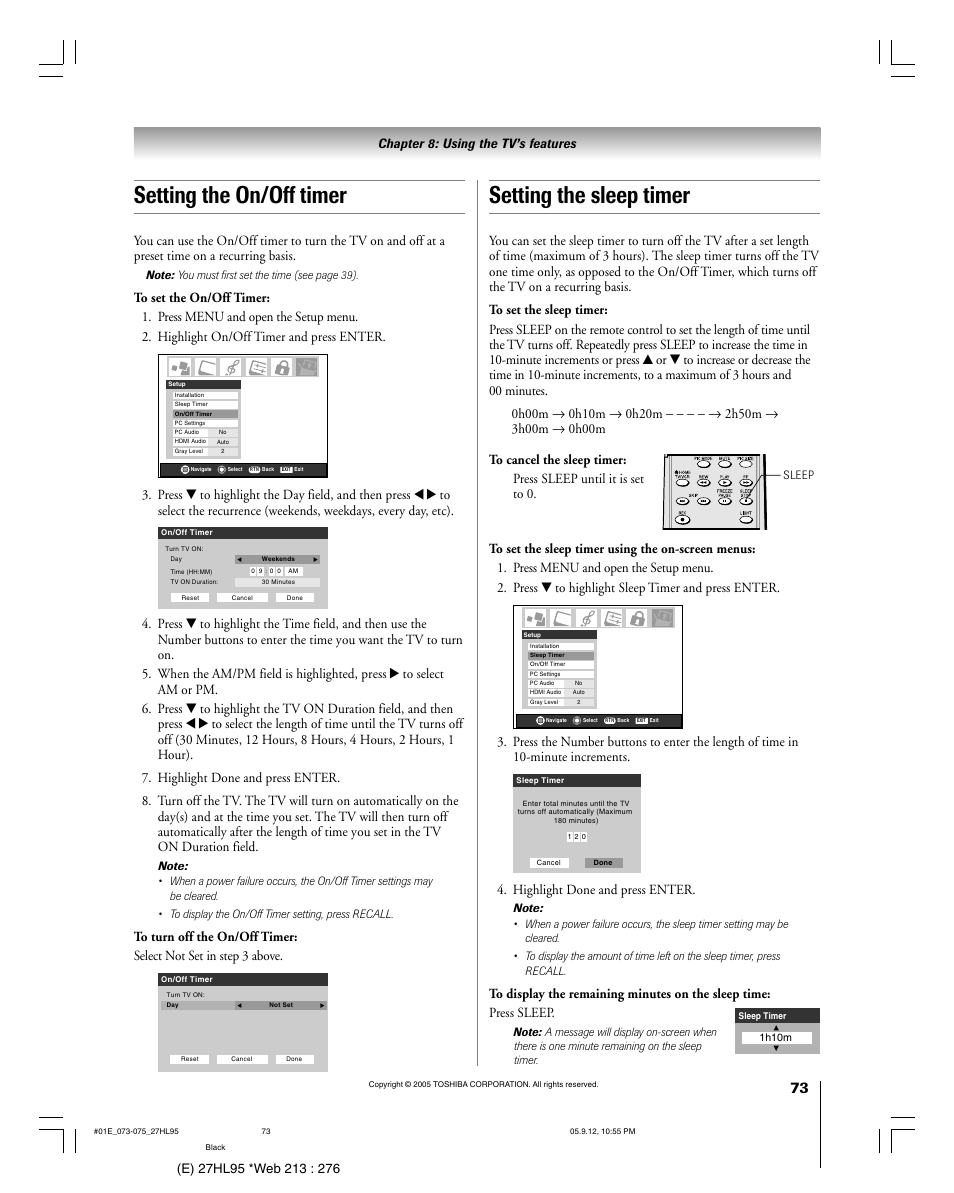 Setting the sleep timer, Setting the on/off timer, Highlight done and press enter | Chapter 8: using the tv’s features | Toshiba 27HL95 User Manual | Page 73 / 92
