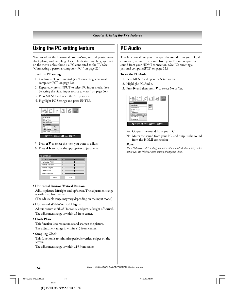 Using the pc setting feature, Pc audio | Toshiba 27HL95 User Manual | Page 74 / 92