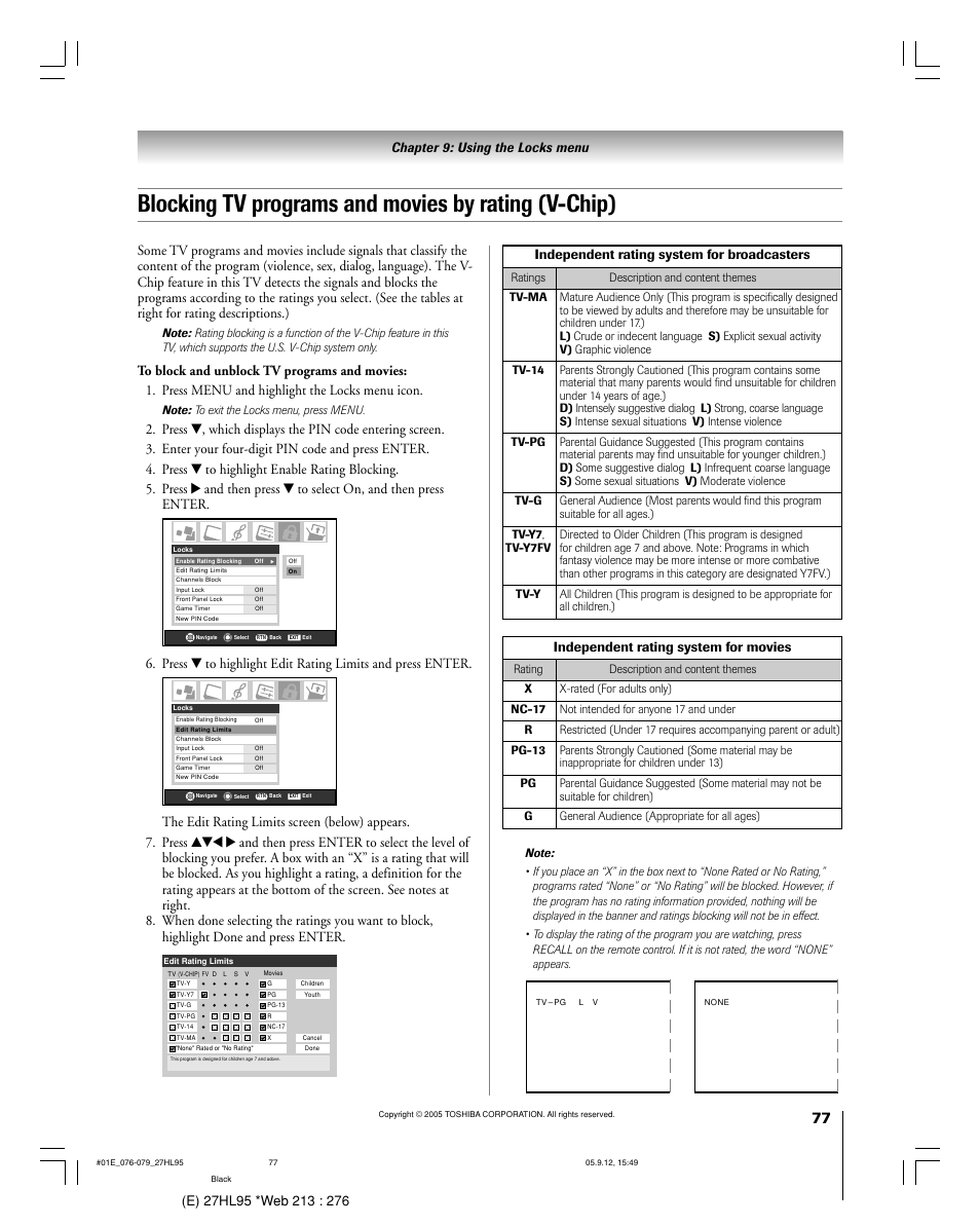 Blocking tv programs and movies by rating (v-chip), Independent rating system for broadcasters, Independent rating system for movies | Toshiba 27HL95 User Manual | Page 77 / 92