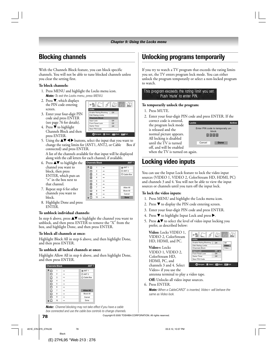 Locking video inputs, Blocking channels, Unlocking programs temporarily | Chapter 9: using the locks menu | Toshiba 27HL95 User Manual | Page 78 / 92