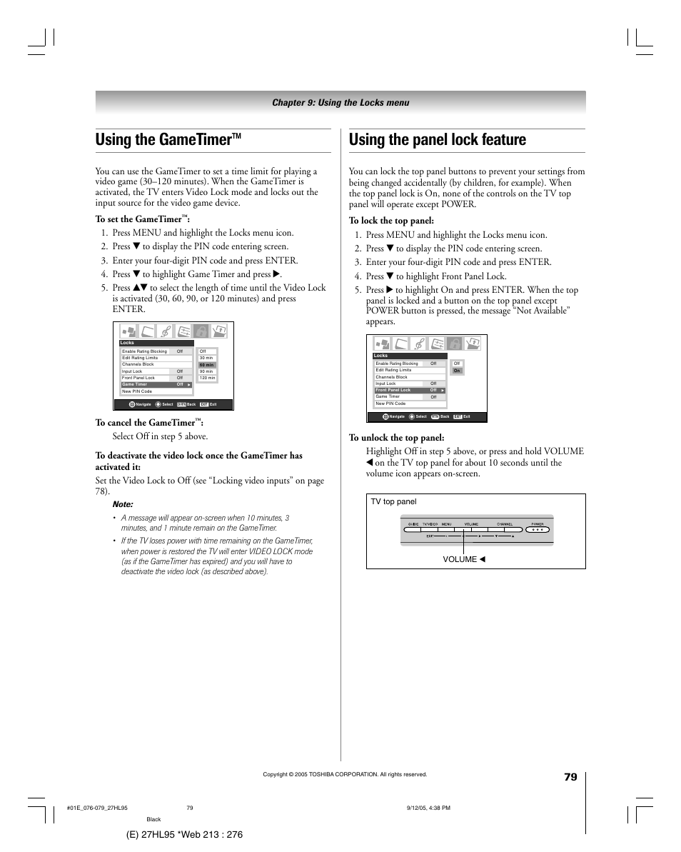 Using the gametimer, Using the panel lock feature | Toshiba 27HL95 User Manual | Page 79 / 92