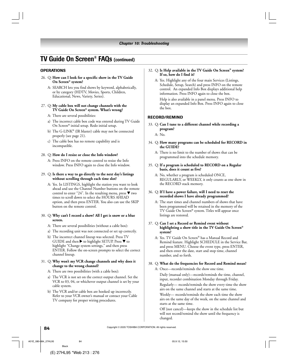 Tv guide on screen, Faqs | Toshiba 27HL95 User Manual | Page 84 / 92