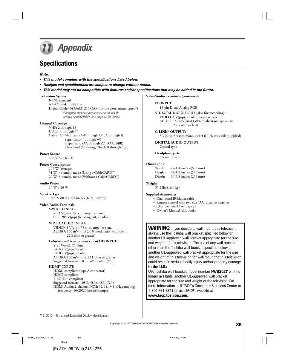 Appendix, Specifications, Warning | Toshiba 27HL95 User Manual | Page 85 / 92