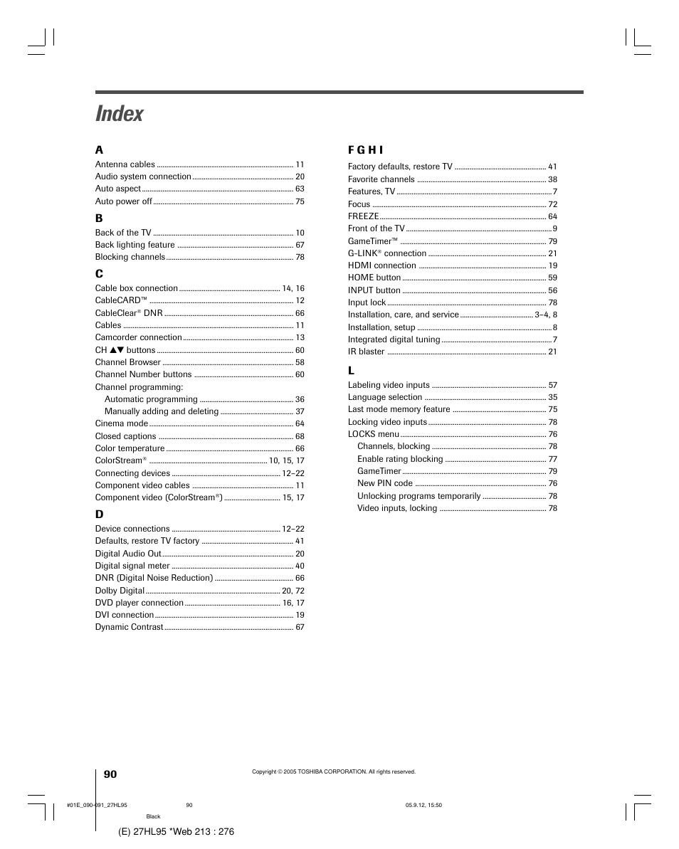 Index | Toshiba 27HL95 User Manual | Page 90 / 92