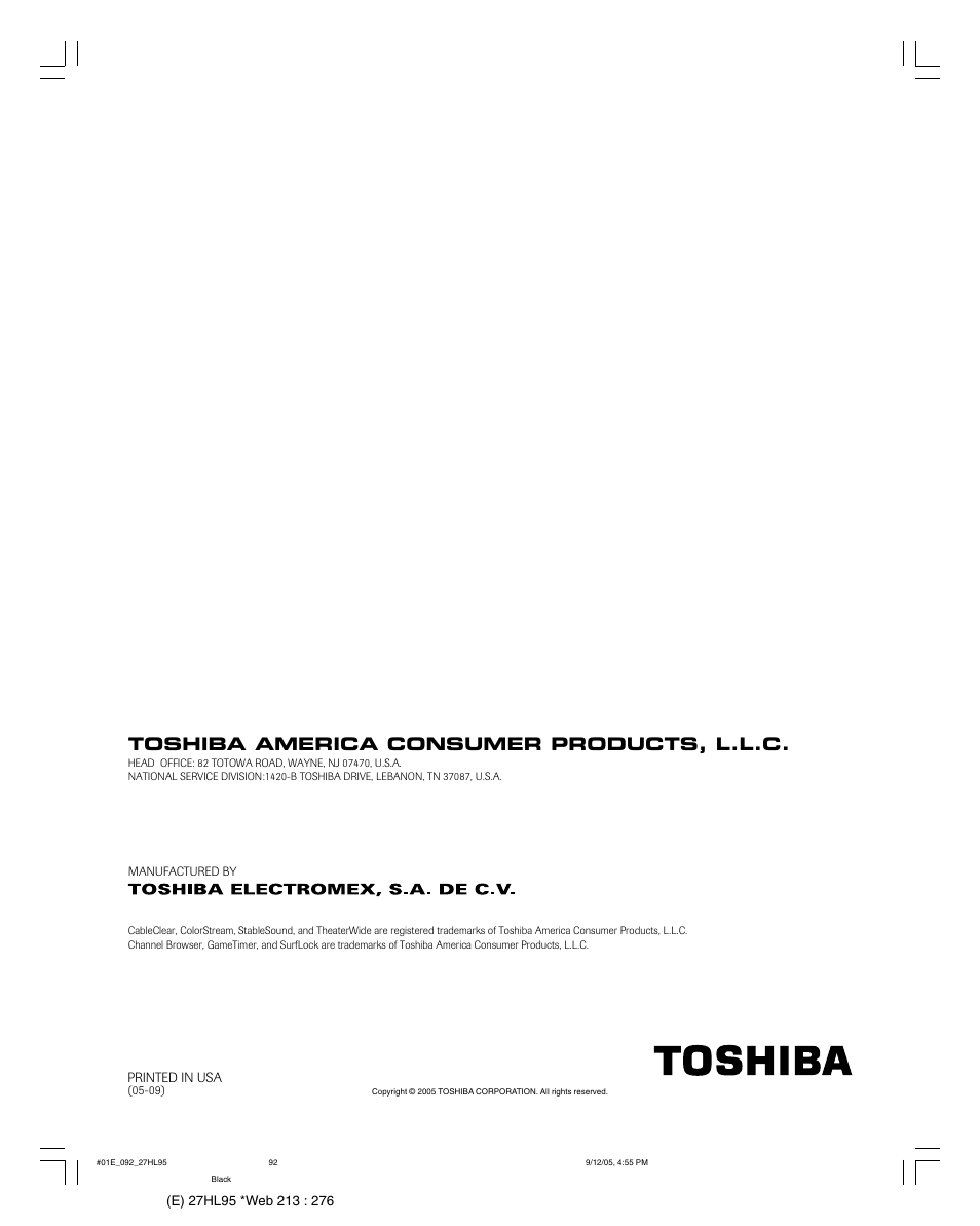 Toshiba america consumer products, l.l.c | Toshiba 27HL95 User Manual | Page 92 / 92